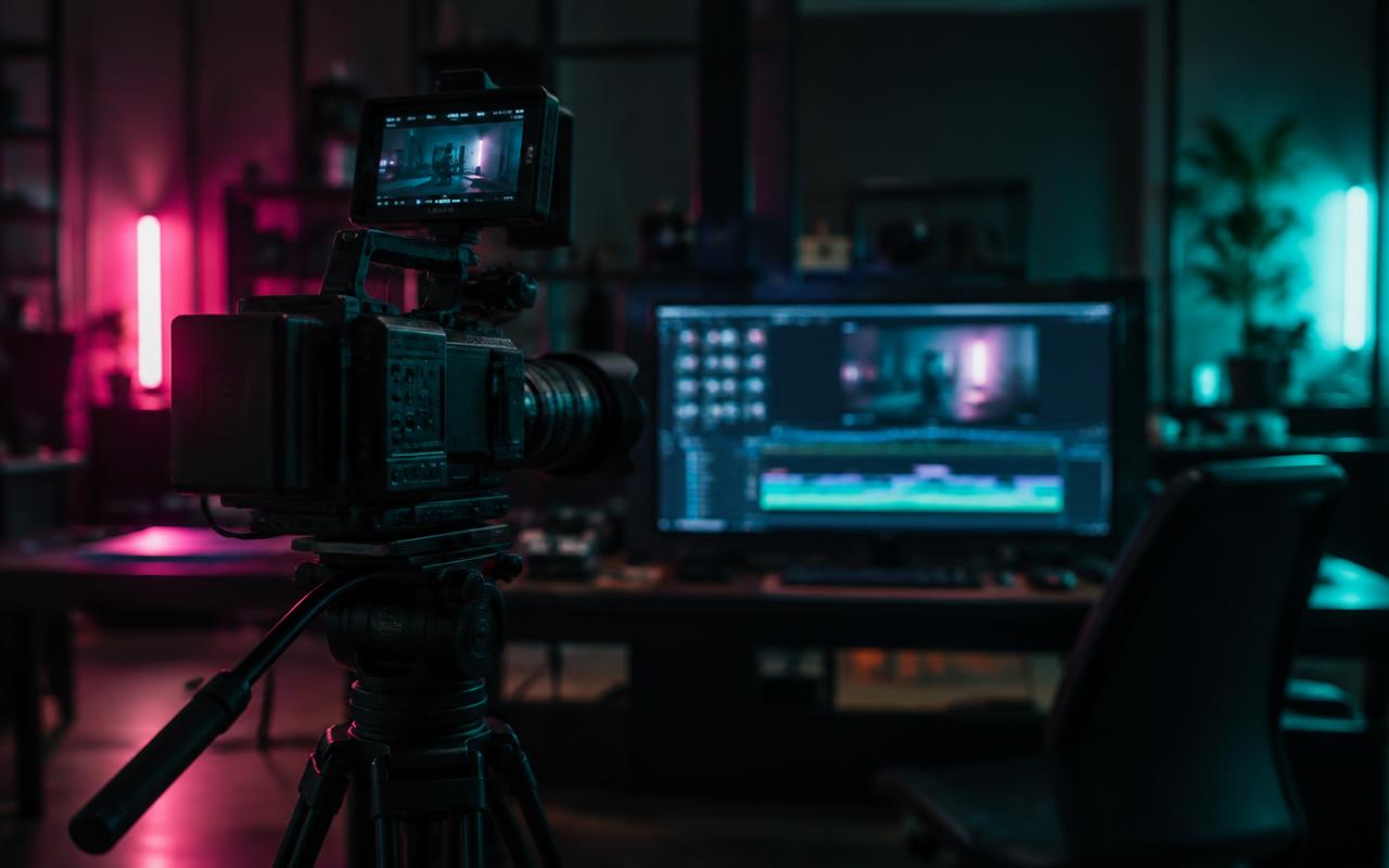 Estúdio de conteúdo com câmera de cinema e monitor de edição